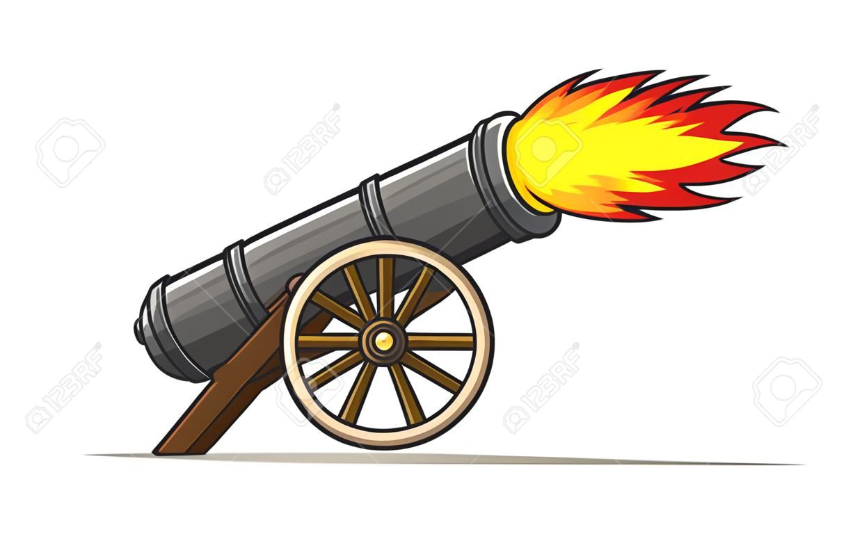 古い大砲の発射。撮影ヴィンテージカノンガン、ベクター古代の武器爆発、白い背景に分離アンティーク軍事シンボルベクトルイラスト