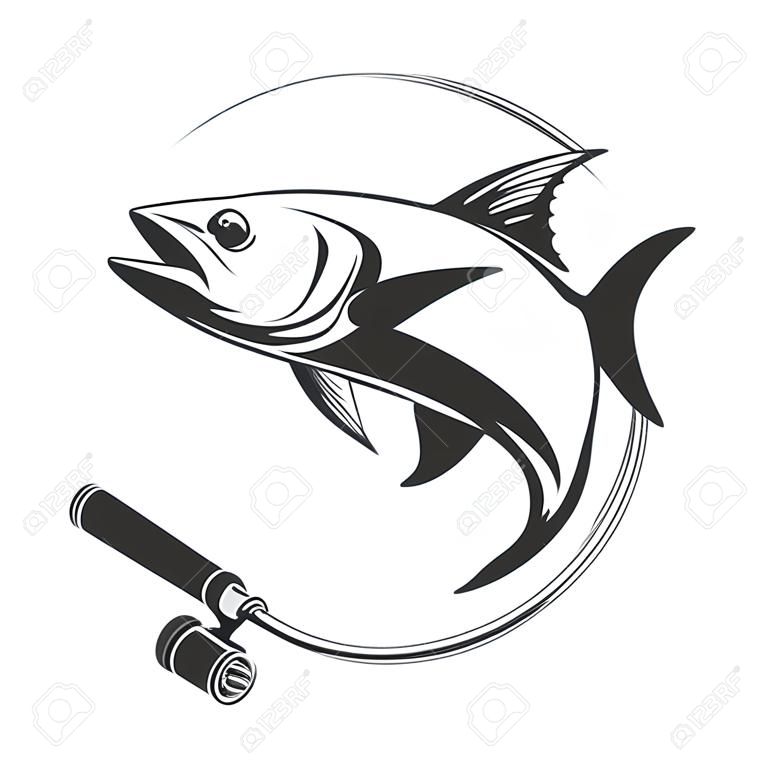 Thon et canne à pêche. Pêche au saumon sur illustration vectorielle de leurres, grosse prise ou image de trophée de poisson-chat de pêcheur pour l'étiquette