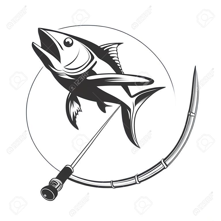 Thon et canne à pêche. Pêche au saumon sur illustration vectorielle de leurres, grosse prise ou image de trophée de poisson-chat de pêcheur pour l'étiquette