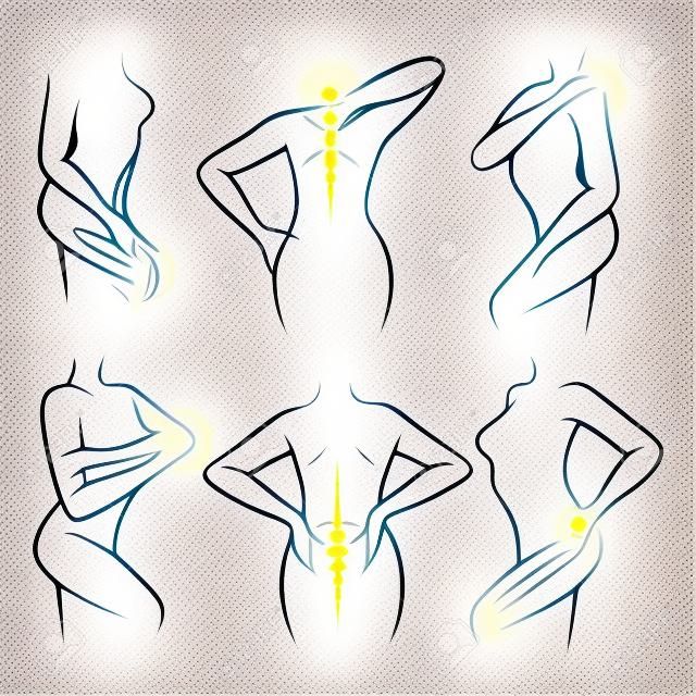 Iconos de dolor de cuerpo. Los cuerpos humanos lesiones signos de dolor y puntos dolorosos dibujo vectorial ilustraciones médicas