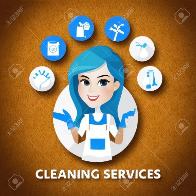 Sprzątanie logo. Kobiety Maid usługi sprzątania i wektorowe ikony.