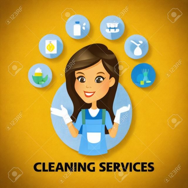 Услуги по уборке логотипа. Женщины Горничная вектор значок и услуги по уборке.