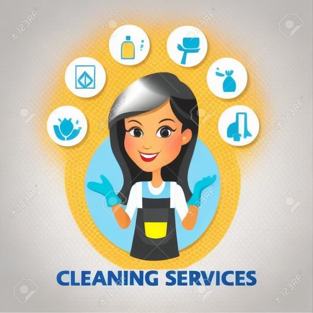 Logotipo del servicio de limpieza. Las mujeres de la criada icono de los servicios vectoriales y de limpieza.