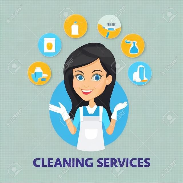Logo del servizio di pulizia. Icona delle icone di vettore e delle pulizie delle donne.