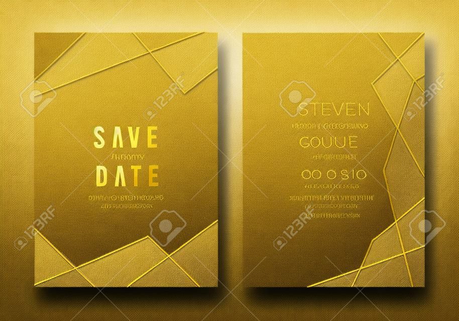 Biglietti d'invito di nozze di lusso con modello di disegno vettoriale di texture di linea d'oro
