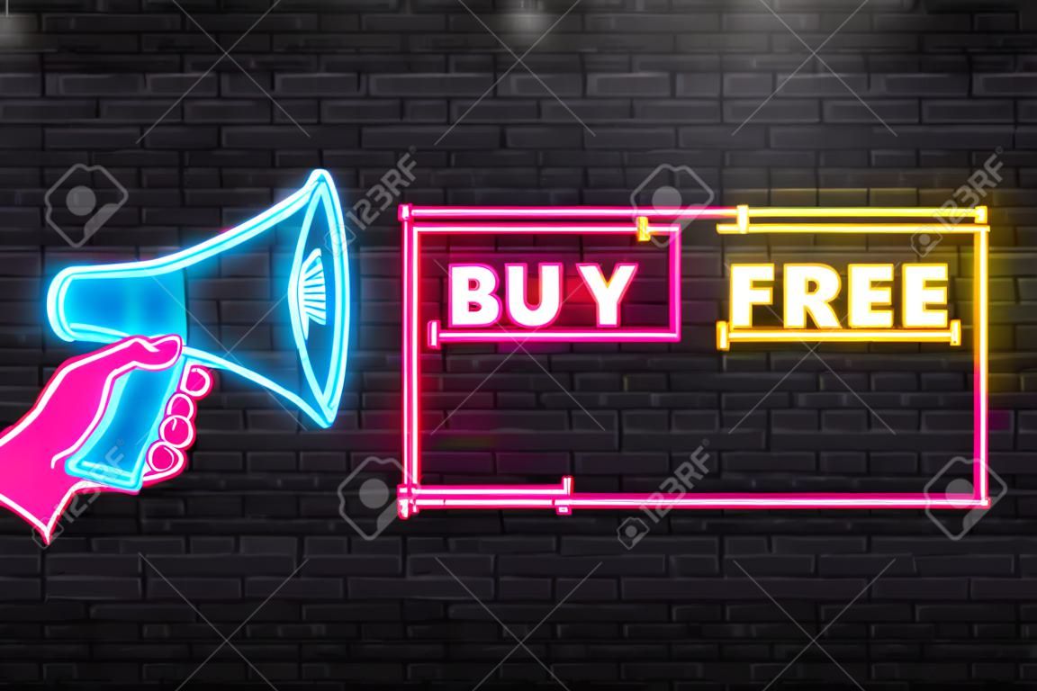 Neon Icon. Koop 1 Get 1 Gratis, verkoop tag, banner ontwerp template, app pictogram, vector illustratie