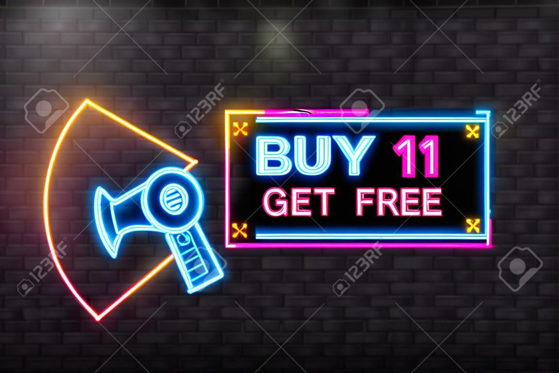 Neon Icon. Koop 1 Get 1 Gratis, verkoop tag, banner ontwerp template, app pictogram, vector illustratie