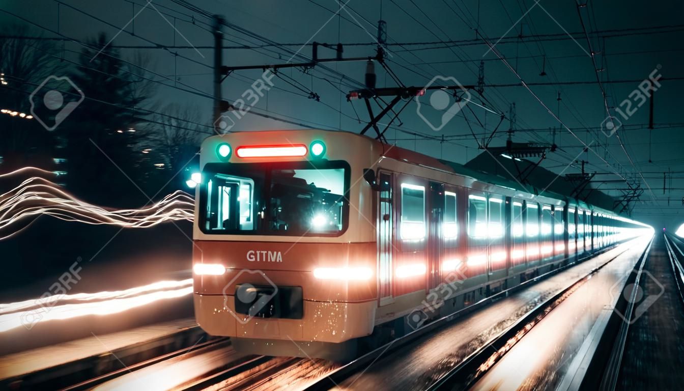 Moving train with blurry lights. Generative AI
