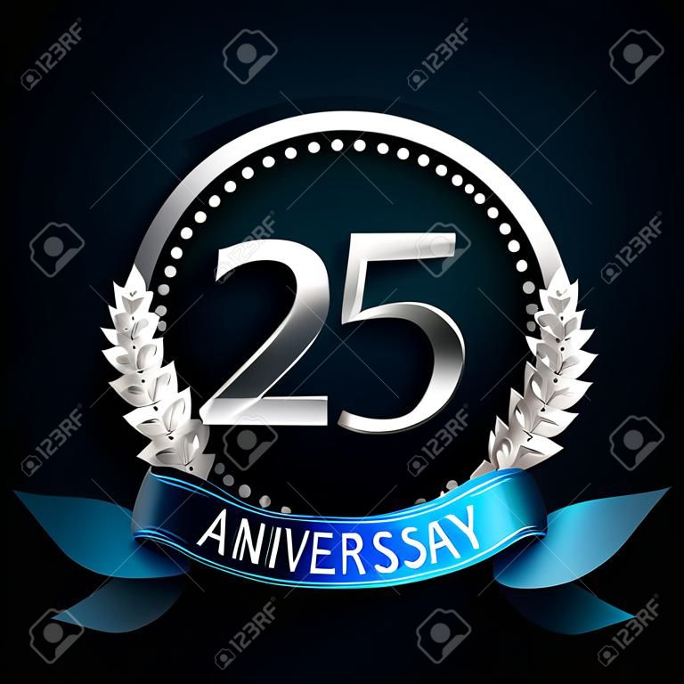 Realistic Twenty five Years Anniversary Celebration Design with Silver Ring and Laurel Wreath, blue ribbon on blue background. Colorful Vector template elements for your birthday celebrating party