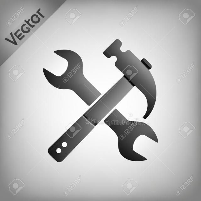 Grey Crossed hammer and wrench icon isolated on white background. Hardware tools.  Vector Illustration