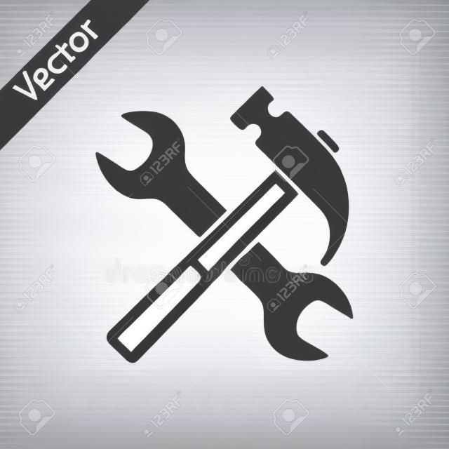 Grau gekreuzte Hammer und Schraubenschlüssel-Symbol auf weißem Hintergrund. Mechanische Werkzeuge. Vektorillustration