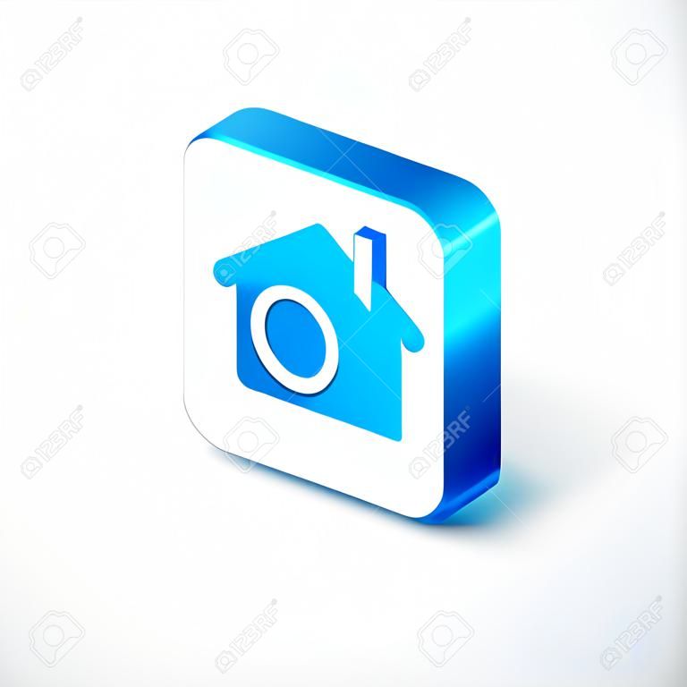 Isometric Search house icon isolated on white background. Real estate symbol of a house under magnifying glass. Blue square button. Vector Illustration