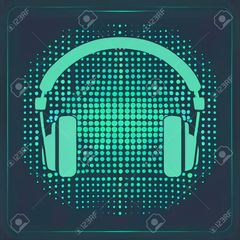 Icona delle cuffie verde isolata su sfondo blu. Segno di auricolari. Oggetto concettuale per l'ascolto di musica, servizio, comunicazione e operatore. Punti casuali del cerchio astratto. Illustrazione vettoriale