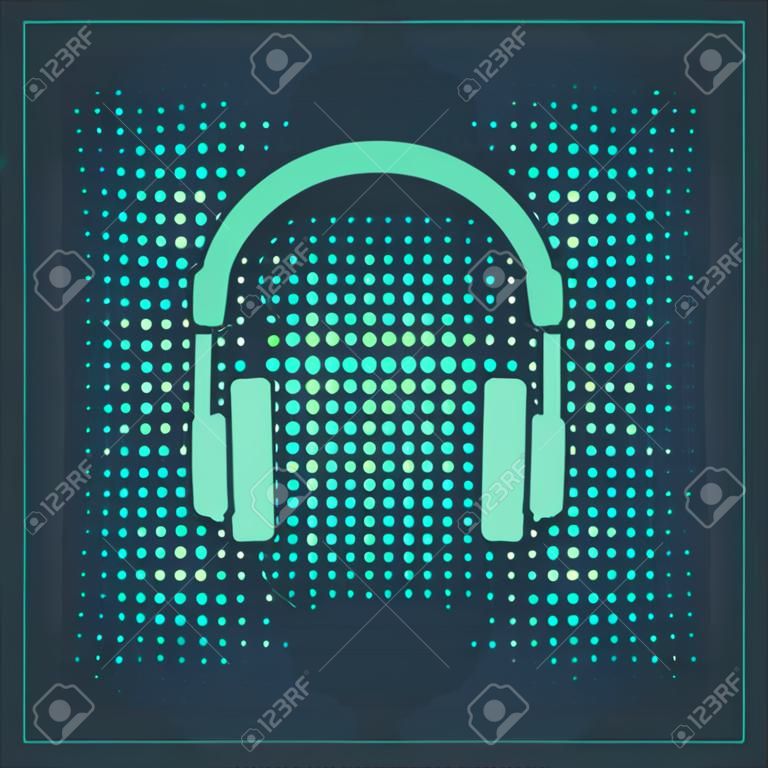 Green Headphones icon isolated on blue background. Earphones sign. Concept object for listening to music, service, communication and operator. Abstract circle random dots. Vector Illustration