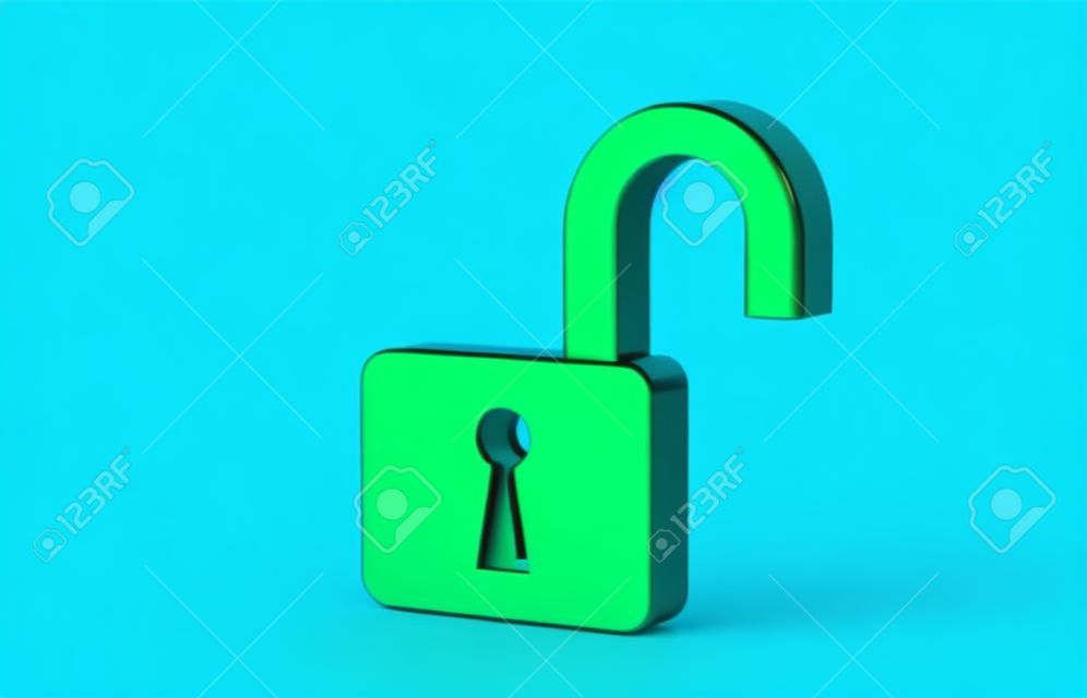 Grünes offenes Vorhängeschloss-Symbol isoliert auf blauem Hintergrund. Geöffnetes Schlossschild. Cybersicherheitskonzept. Digitaler Datenschutz. Sicherheit Sicherheit. Minimalismus-Konzept. 3D-Darstellung 3D-Darstellung