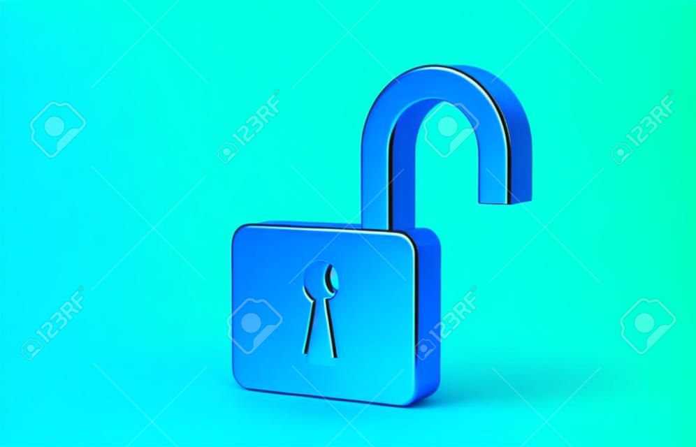 Grünes offenes Vorhängeschloss-Symbol isoliert auf blauem Hintergrund. Geöffnetes Schlossschild. Cybersicherheitskonzept. Digitaler Datenschutz. Sicherheit Sicherheit. Minimalismus-Konzept. 3D-Darstellung 3D-Darstellung