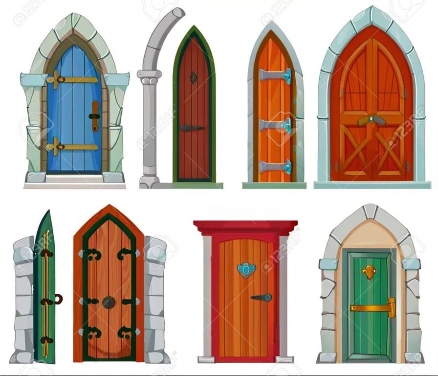Middeleeuwse deur vector cartoon set pictogram. Vector illustratie kasteel deuren op witte achtergrond. Geïsoleerde cartoon set pictogram middeleeuwse deur.