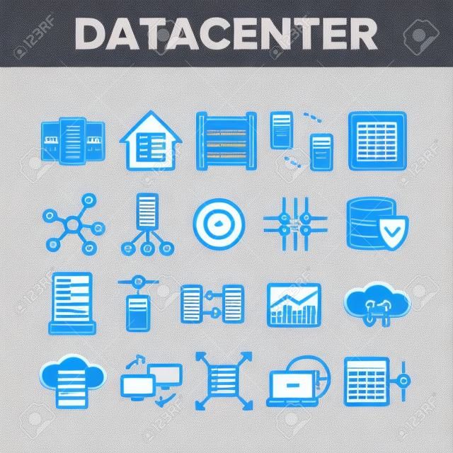 Data Center, set di icone vettoriali lineari di tecnologia. Analisi dei dati, pacchetto di simboli di contorno linea sottile di accesso remoto. Cloud Computing, raccolta di pittogrammi di rete. Hosting di illustrazioni di contorno aziendale