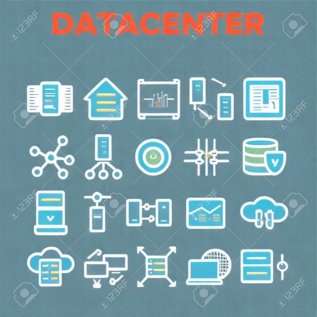 Data Center, Technology Linear Vector Icons Set. Data Analytics, Remote Access Thin Line Contour Symbols Pack. Cloud Computing, Networking Pictograms Collection. Hosting Business Outline Illustrations