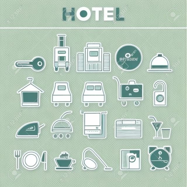 ホテルの宿泊施設、部屋のアメニティベクトルリニアアイコンセット。ホステルサービスと可能性、オールインクルーシブリニアトデザイン。アパートメント、ホテル予約、予約機能細線のイラスト