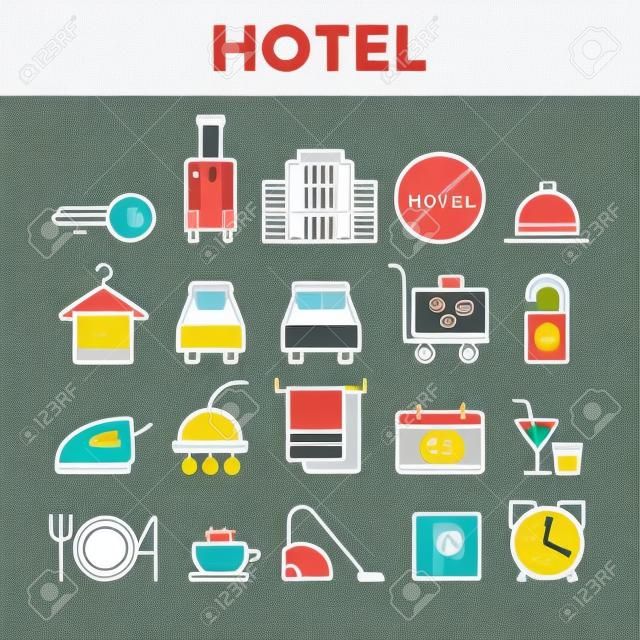 Zakwaterowanie w hotelu, wyposażenie pokoju Wektor liniowy zestaw ikon. Usługi i możliwości hostelu, All Inclusive Lineart Design. Apartament, rezerwacja hotelu i funkcje cienka linia ilustracja