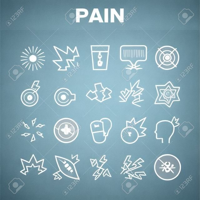 Pain Medical Collection Elements Icons Set Vector Thin Line. Medicine Pills And Medicament In Water Glass, Muscle Pain And Target Concept Linear Pictograms. Color Contour Illustrations