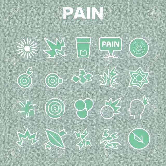Pain Medical Collection Elements Icons Set Vector Thin Line. Medicine Pills And Medicament In Water Glass, Muscle Pain And Target Concept Linear Pictograms. Color Contour Illustrations
