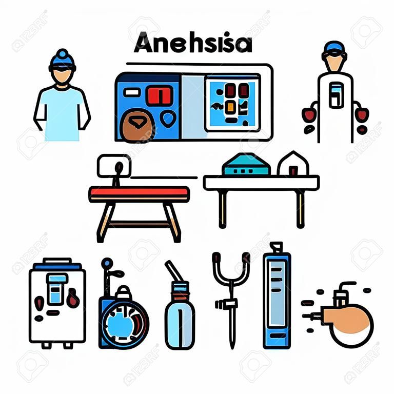 Zestaw ikon narzędzi anestezjologa wektor. pompa strzykawkowa, maszyna do znieczulenia i monitor pracy serca koncepcja wyposażenia anestezjologa liniowe piktogramy. kolorowe ilustracje konturów