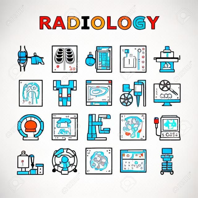 Radiology Equipment Collection Icons Set Vector. Mri And Ultrasound, Ct Scan And Fluoroscope Radiology Hospital Medical Device Concept Linear Pictograms. Contour Color Illustrations