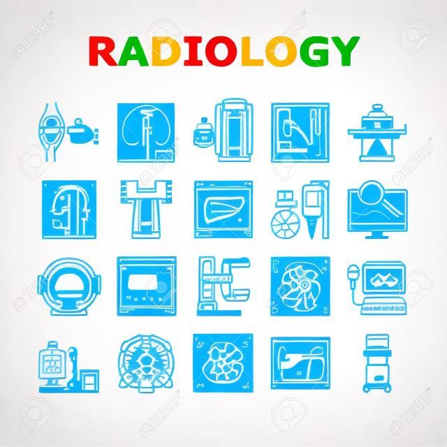 Radiology Equipment Collection Icons Set Vector. Mri And Ultrasound, Ct Scan And Fluoroscope Radiology Hospital Medical Device Concept Linear Pictograms. Contour Color Illustrations