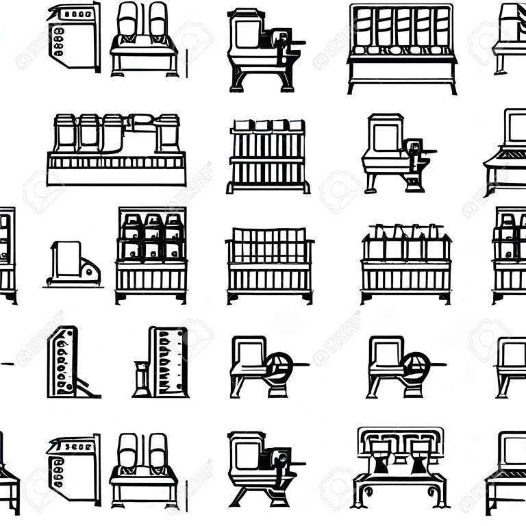 Set di icone per la raccolta della produzione tessile. Filo di seta e abbigliamento Produzione tessile, macchina da cucire e attrezzature industriali di fabbrica Illustrazioni di contorno nero
