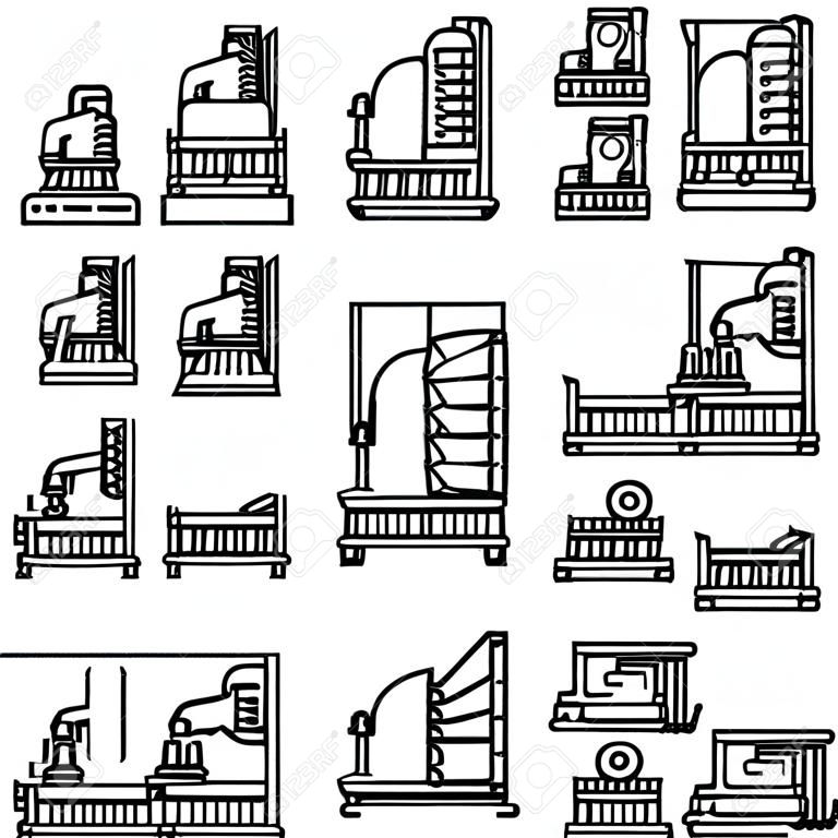 Set di icone per la raccolta della produzione tessile. Filo di seta e abbigliamento Produzione tessile, macchina da cucire e attrezzature industriali di fabbrica Illustrazioni di contorno nero