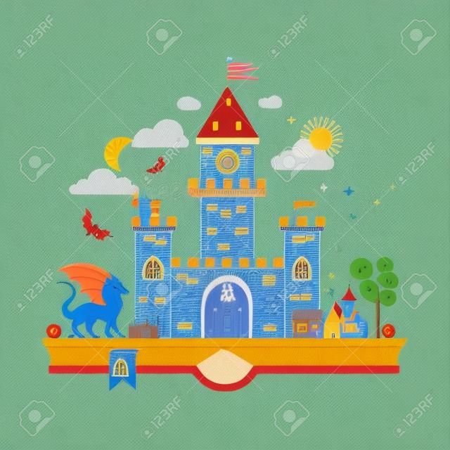 Alta illustrazione dettagliata di regno magico. Design piatto moderno. Wizard, drago e castello sulle pagine del libro. Illustrazione per l'educazione dei bambini.