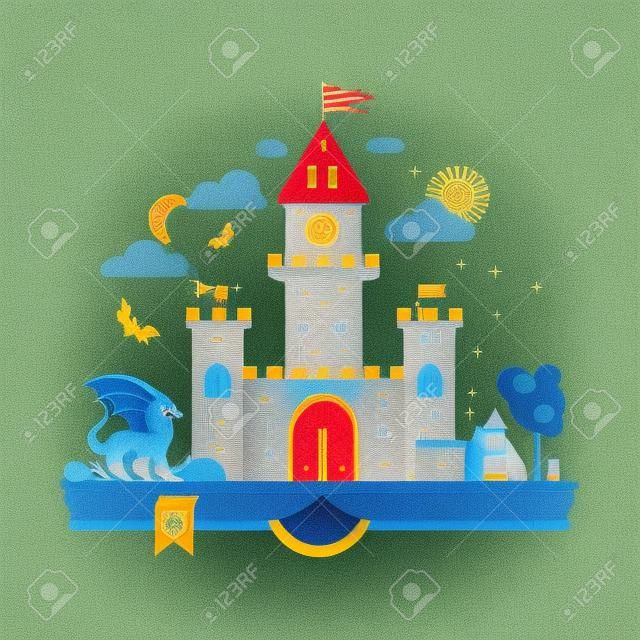Alta illustrazione dettagliata di regno magico. Design piatto moderno. Wizard, drago e castello sulle pagine del libro. Illustrazione per l'educazione dei bambini.