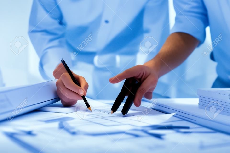 business, architecture drawing on blueprint architectural concept, soft focus