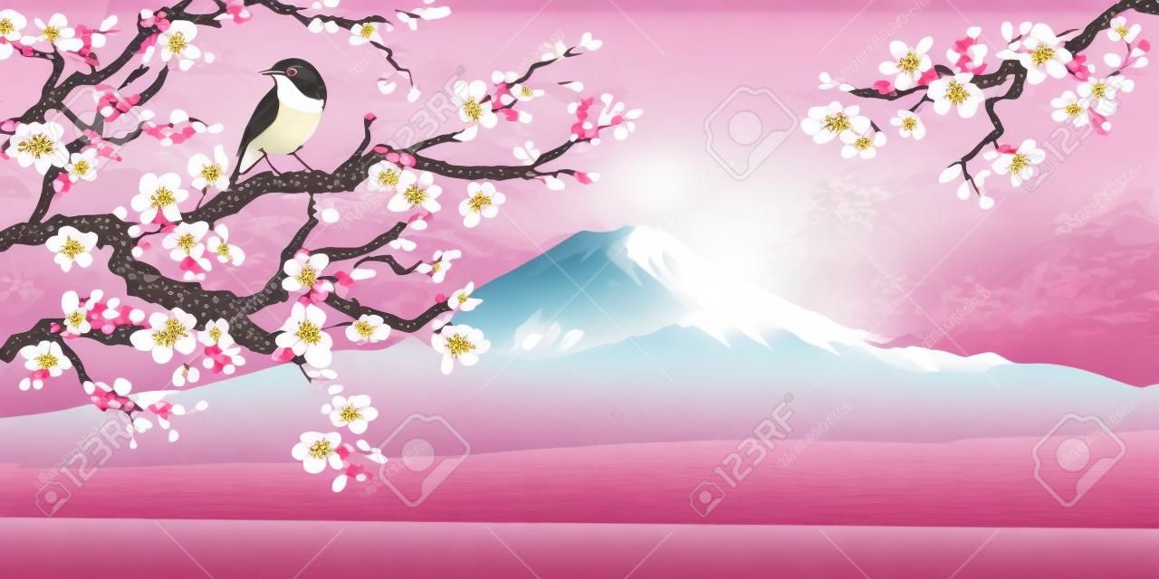 Realistic graphics of Uguisu and Sakura on a background of Fuji. Japanese Nightingale on a branch of blossoming cherries.
