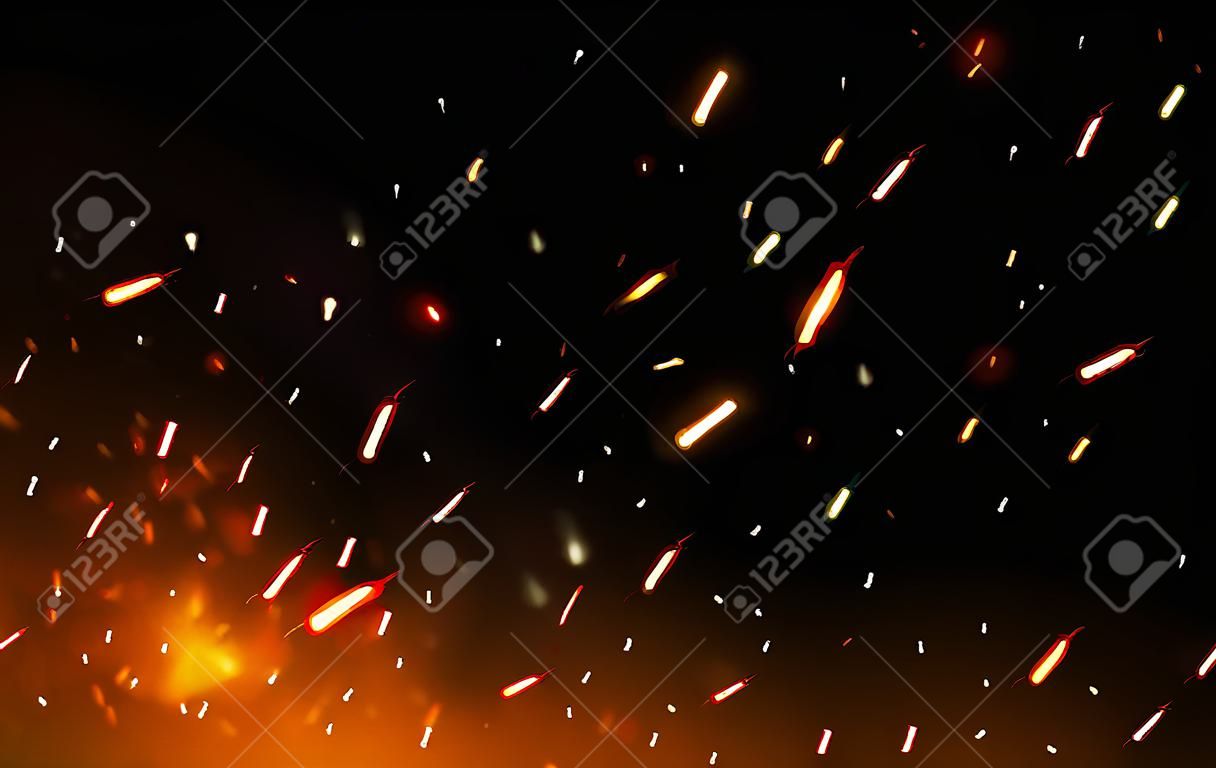 Feuerfunken auf dunklem Hintergrund. Glühende Partikel fliegen nach oben. Realistisches Feuer und Flamme. Gelber und roter Lichteffekt. Brennende orange Elemente. Vektor-Illustration.