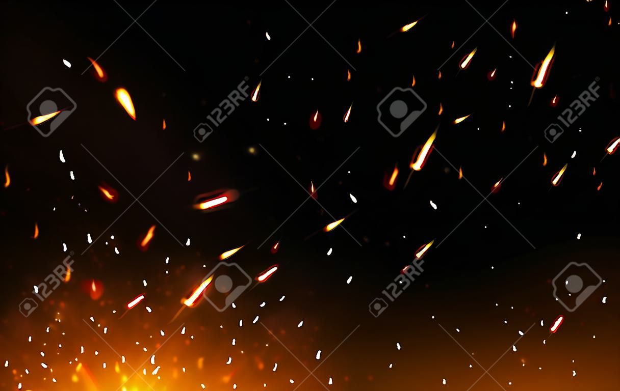 Chispas de fuego sobre fondo oscuro. Partículas brillantes volando hacia arriba. Fuego y llama realistas. Efecto de luz amarilla y roja. Quema de elementos naranjas. Ilustración vectorial.
