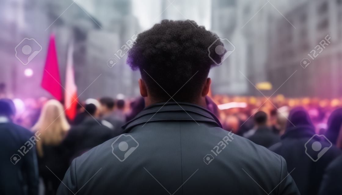 Back view of a man. The crowd gathered to protest. generative ai