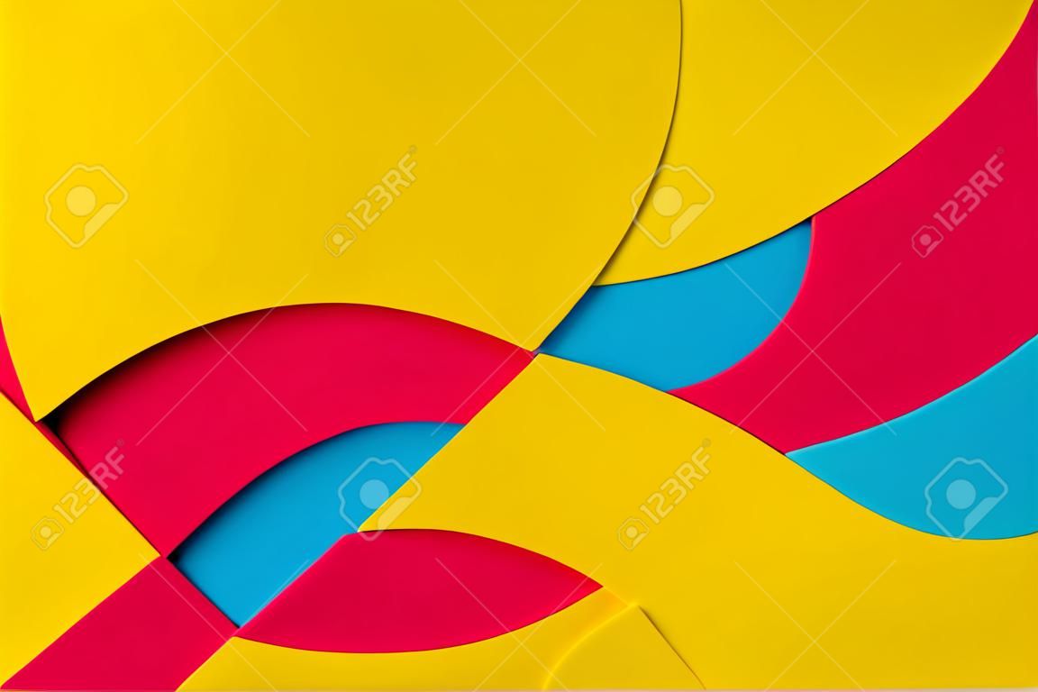 추상 색종이 질감 배경. 노란색, 빨간색, 밝은 파란색의 기하학적 모양과 선이 있는 최소한의 종이 컷 스타일 구성. 평면도