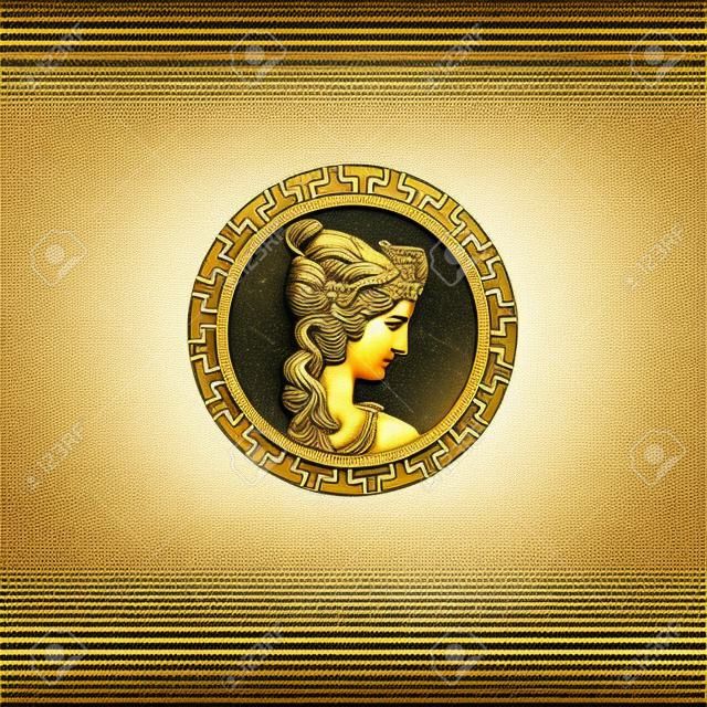 Griechische Göttin im antiken Zierrahmen. Portrait im Kreisrahmen. Vektor-Logo-Design-Vorlage. Antike Münze.