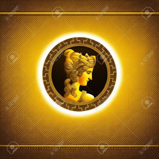 Griechische Göttin im antiken Zierrahmen. Portrait im Kreisrahmen. Vektor-Logo-Design-Vorlage. Antike Münze.