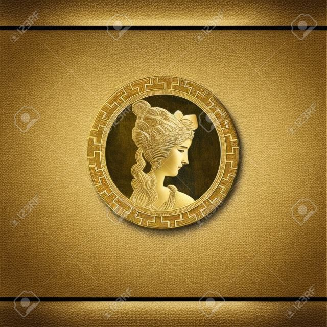 Grecka bogini w zabytkowej ozdobnej ramie. Portret w ramie koło. Szablon projektu logo wektor. Antyczna moneta.