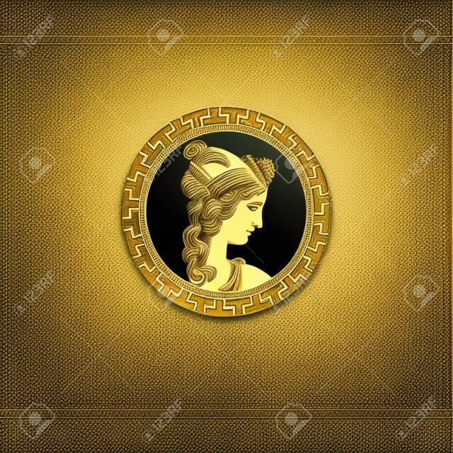 Déesse grecque dans un cadre décoratif antique. Portrait dans un cadre circulaire. Modèle de conception de logo vectoriel. Pièce de monnaie antique.