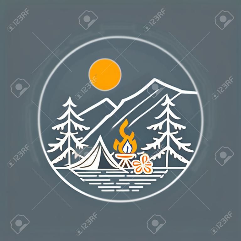 Camping in the Mountains with Campfire Monoline Design Illustration for Apparel.