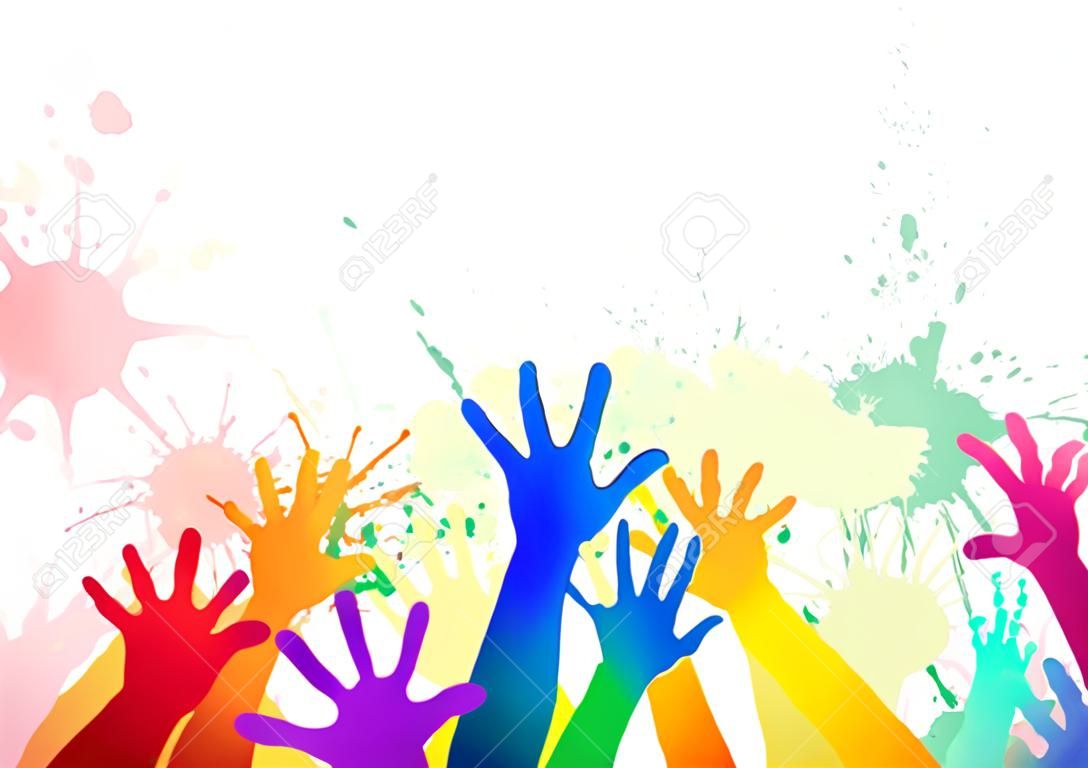 Multicolored rainbow children's hands on background of watercolor splashes. Vector element for your creativity