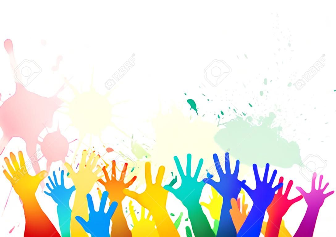 Multicolored rainbow children's hands on background of watercolor splashes. Vector element for your creativity