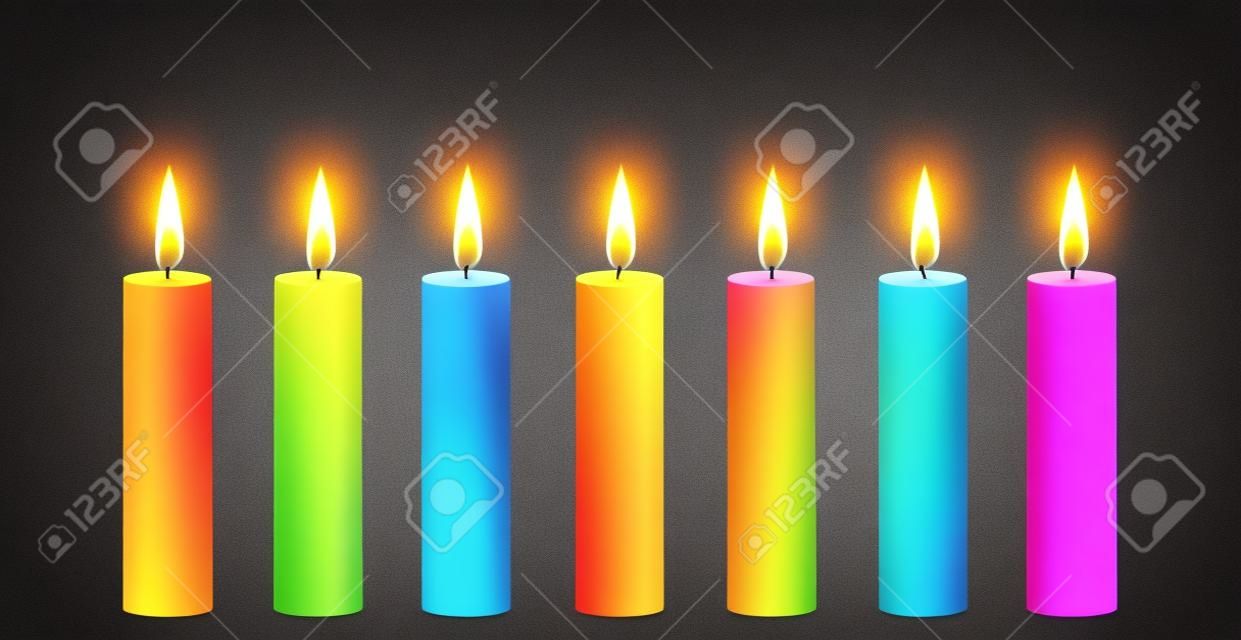 Set von Regenbogen-Kerzen. Vektor-Element. Brennende Kerze. Regenbogen