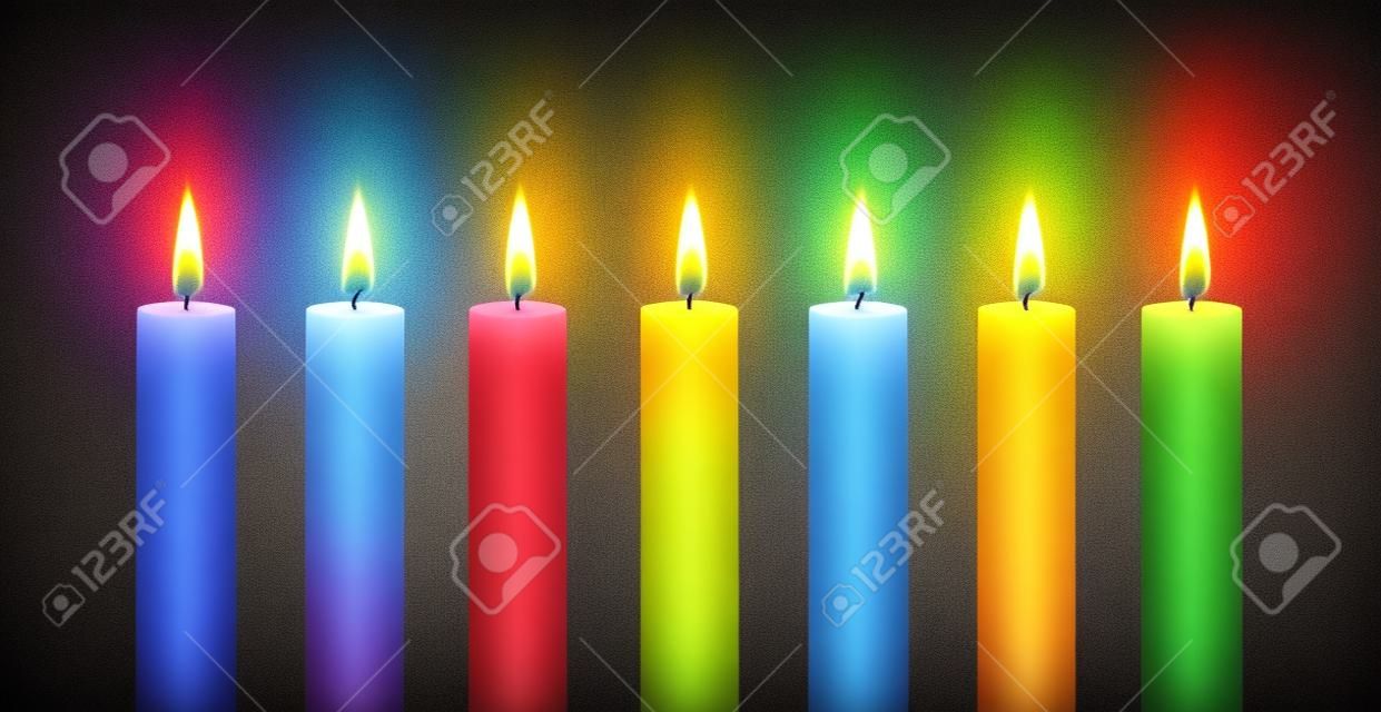套彩虹蠟燭。向量元素。燃燒的蠟燭。彩虹