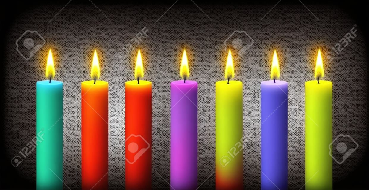 套彩虹蠟燭。向量元素。燃燒的蠟燭。彩虹